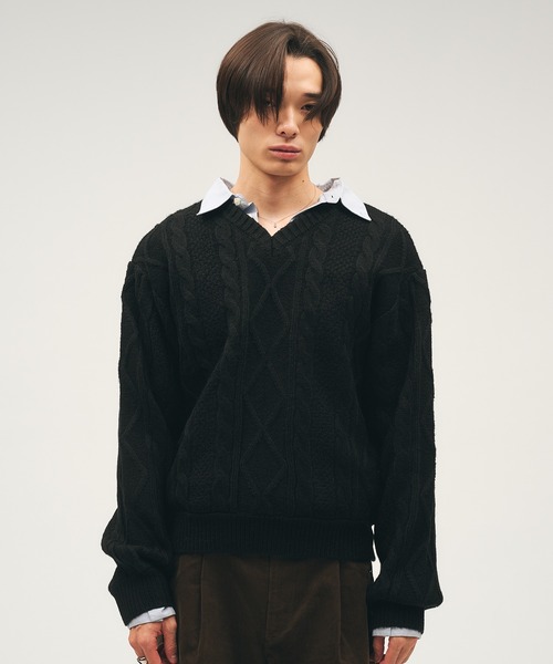 Adoon plain セーター ニット Shallow V-Neck Cable Knit / 浅Vネック