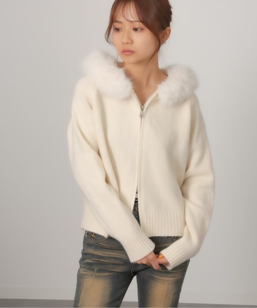 BURBERRY ニットパーカー ダブルジップ ファーフード付き サイズ1 Chiina パーカー Chiina/ダブルジップ ファー付きフード ニット