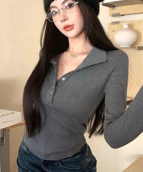 inst.ALL スナップボタンヘンリーネックリブトップス レディース