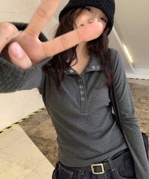 inst.ALL スナップボタンヘンリーネックリブトップス レディース