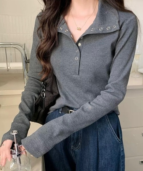 inst.ALL スナップボタンヘンリーネックリブトップス レディース