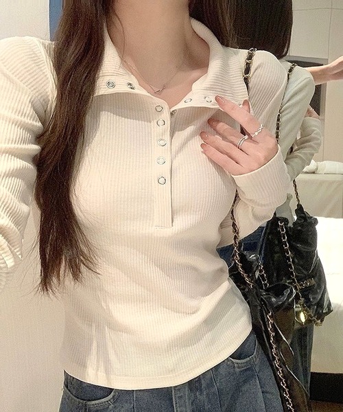 inst.ALL スナップボタンヘンリーネックリブトップス レディース