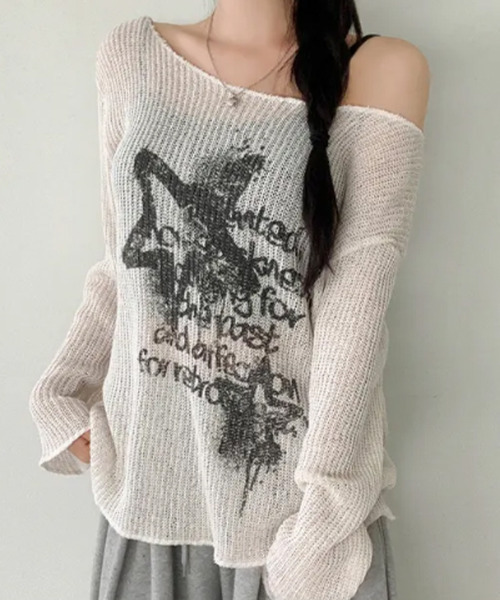 ニット セーター グラフィック ボートネック オフショル シアーニット
