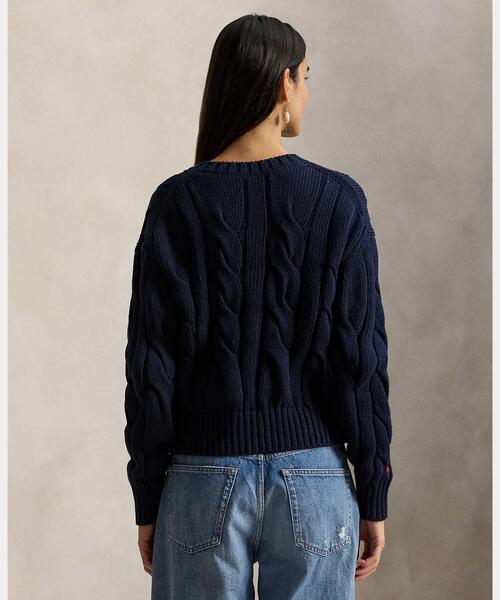 ②ラルフローレン　ネイビー　綿100% ケーブルカーディガン　レディース　M LAUREN RALPH LAUREN（ローレン ラルフローレン） カーディガン