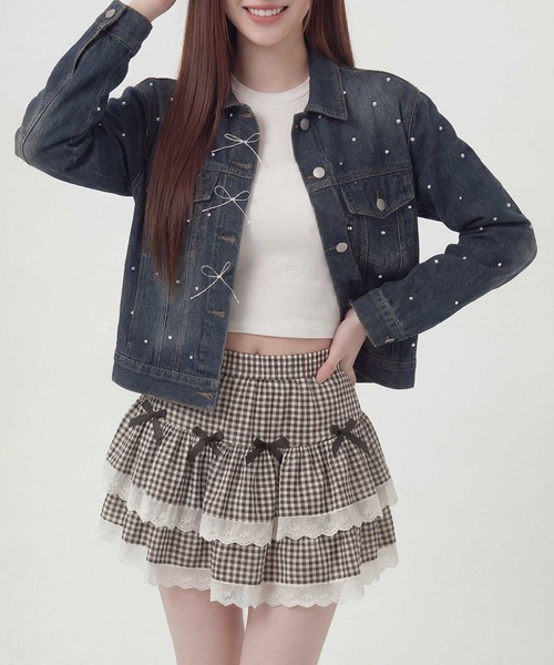 デニムジャケット gジャン HOOK for girls パールドット×リボン