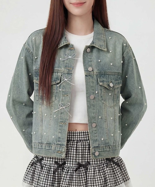 デニムジャケット gジャン HOOK for girls パールドット×リボン