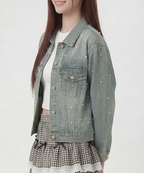 デニムジャケット gジャン HOOK for girls パールドット×リボン