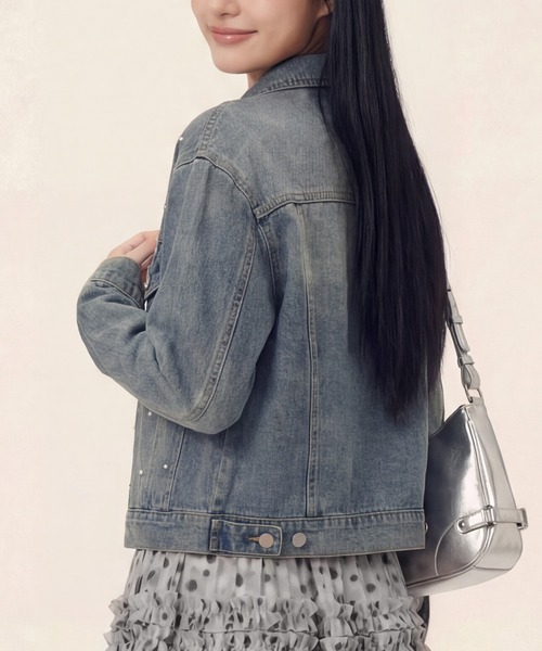 デニムジャケット gジャン HOOK for girls パールドット×リボン
