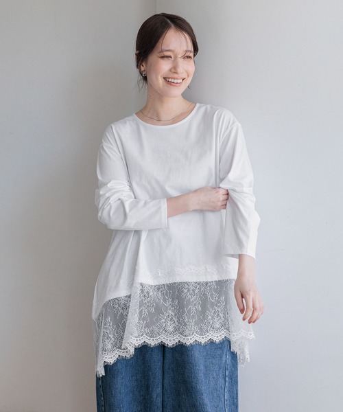 【限定お値下げ】オスカリート レース切替 リブコットントップス 白 3 studio CLIP（スタディオクリップ） tシャツ レース切り替えカットソー
