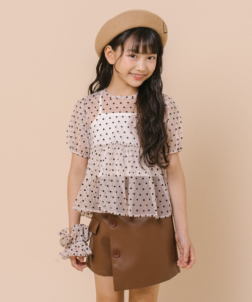 SUPAMO bubblesリボンペプラムトップスブラウス ベージュチェック半袖 URBAN CHERRY（アーバンチェリー） ブラウス シャツ 「シュシュ付き