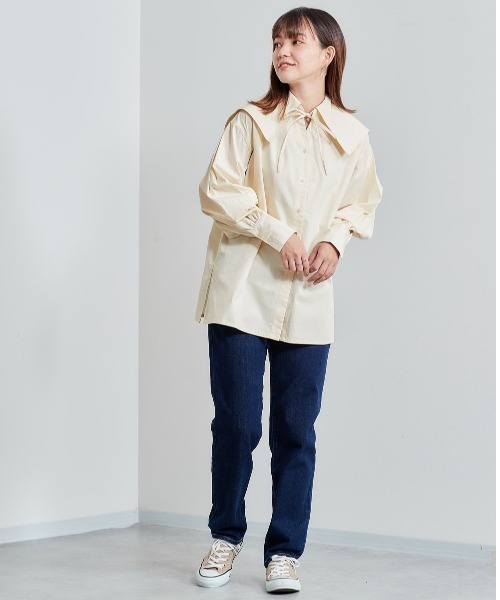 cen. myclozetteセーラーカラーフレアブラウス　長袖ベージュ ダブルボタンセーラーカラー長袖ブラウス