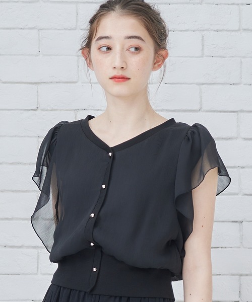 tシャツ Vネックインナー付フリルスリーブショート丈プルオーバー レディース