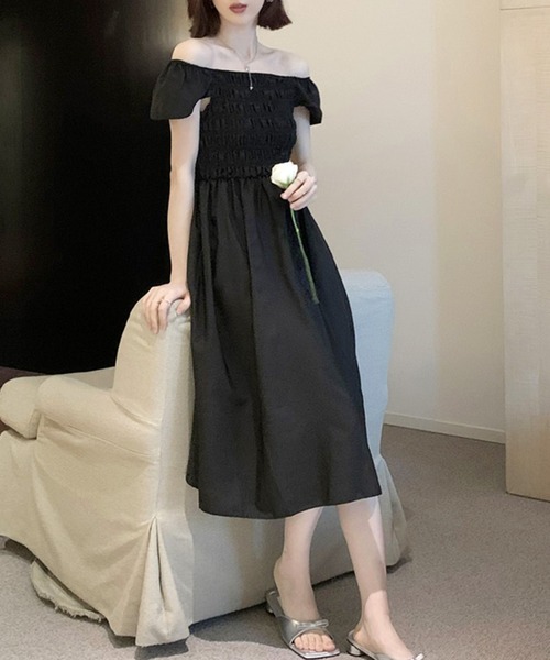 Dewlily ワンピース 夏 半袖 オフショルシャーリングワンピース