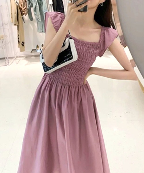 Dewlily ワンピース 夏 半袖 オフショルシャーリングワンピース