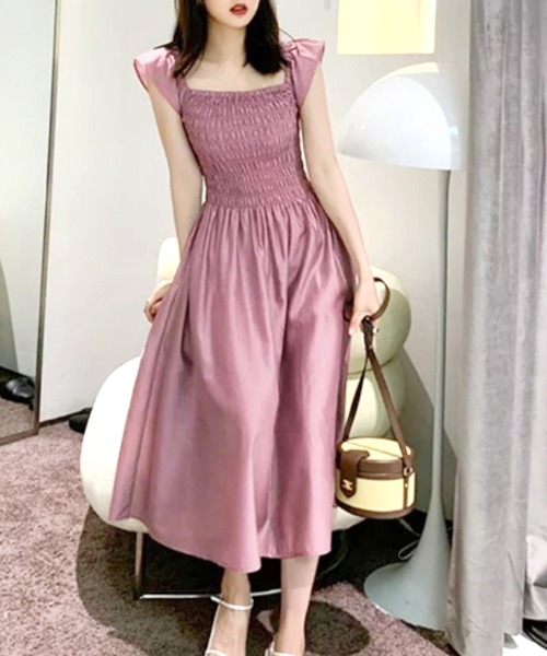 Dewlily ワンピース 夏 半袖 オフショルシャーリングワンピース
