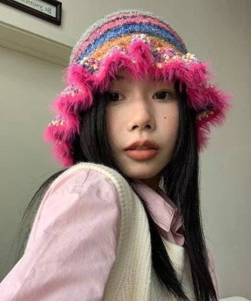 Achic ニット帽 ニットキャップ カラフルストライプ ニット帽子