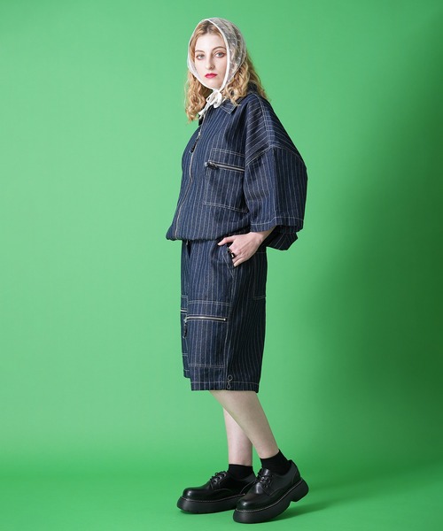 ブルゾン アウター a.p.o.v. ピンストライプ半袖デニムブルゾン メンズ