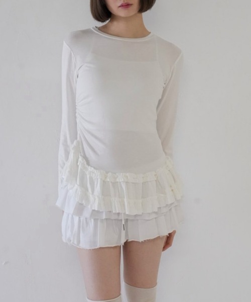 tシャツ gather frill long tee/アシンメトリーフリルロンT レディース