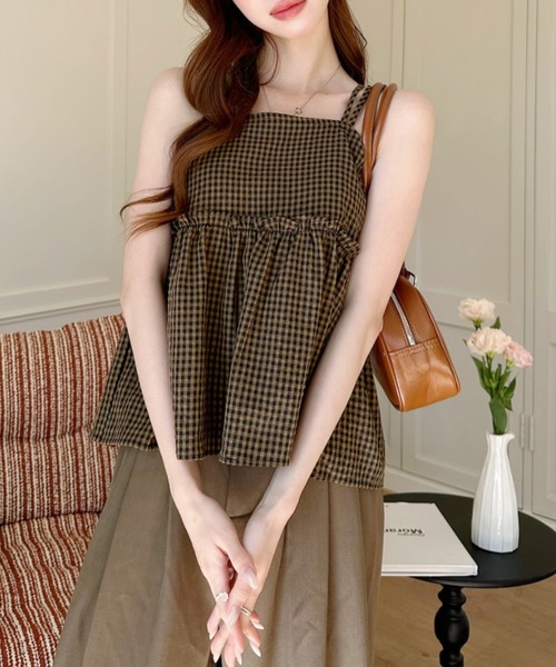 Ada. キャミソール 2WAY ギンガムチェック フレア キャミ ビスチェ