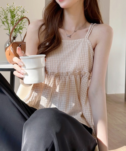 Ada. キャミソール 2WAY ギンガムチェック フレア キャミ ビスチェ