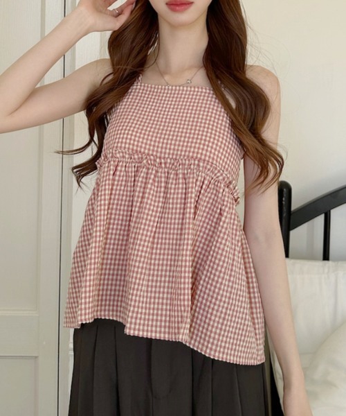 Ada. キャミソール 2WAY ギンガムチェック フレア キャミ ビスチェ