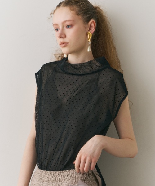 tシャツ ドットチュールワイドハイネックTOPS レディース