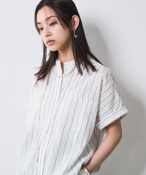 CHIC STYLE ブラウス シャツ ストライプフレンチスリーブシャツ