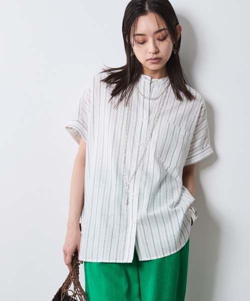 CHIC STYLE ブラウス シャツ ストライプフレンチスリーブシャツ