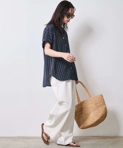 シャツ ブラウス レディース ストライプフレンチスリーブ シックスタイル 夏 | 6L/8L/10L | ニッセン nissen CHIC STYLE ブラウス シャツ ストライプフレンチスリーブシャツ