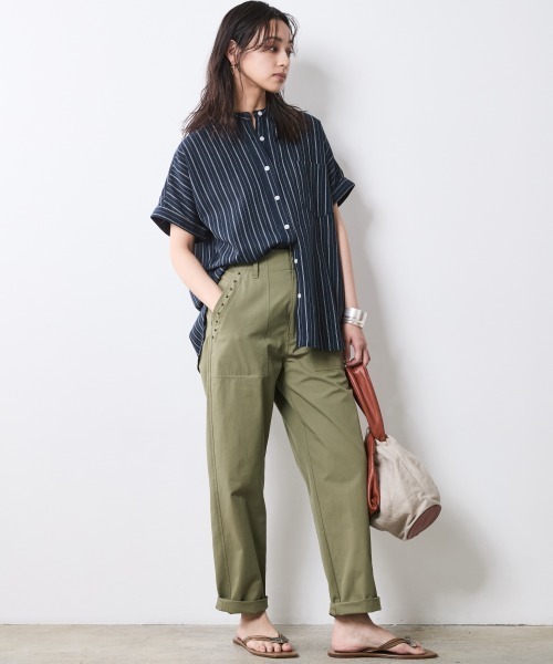 ブラウス シャツ ウエストタックストライプフレンチスリーブシャツ レディース Social GIRL ブラウス シャツ ウエストタックフレンチスリーブ