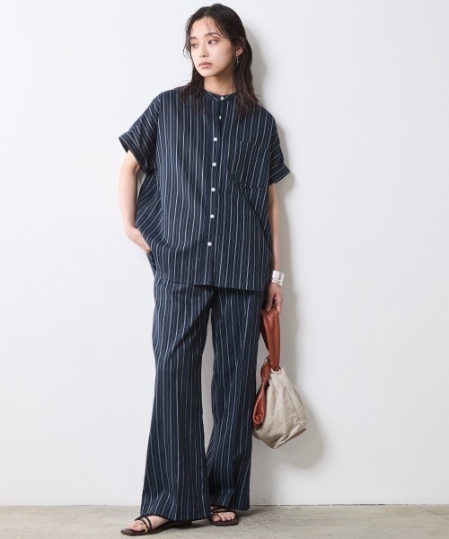 シャツ ブラウス レディース ストライプフレンチスリーブ シックスタイル 夏 | 6L/8L/10L | ニッセン nissen CHIC STYLE ブラウス シャツ ストライプフレンチスリーブシャツ