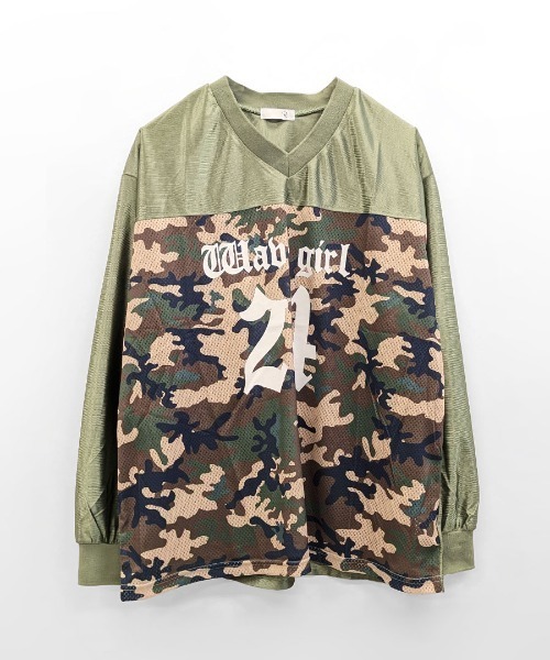 Riff（リフ） tシャツ 迷彩柄ナンバープリントトップス レディース