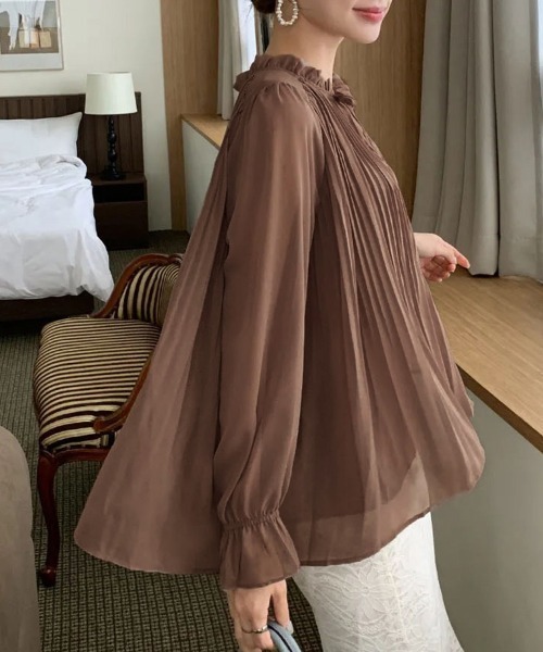 ブラウス シャツ プリーツデザインシアーブラウス レディース