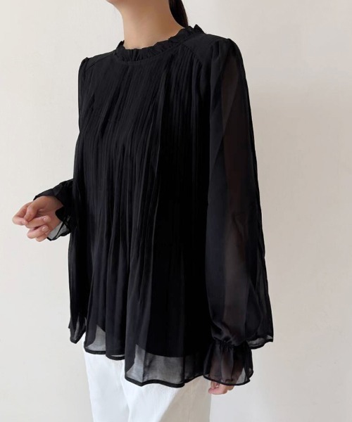 プリーツ加工 総柄シャツ ブラウス 長袖 ブラウス シャツ プリーツデザインシアーブラウス レディース