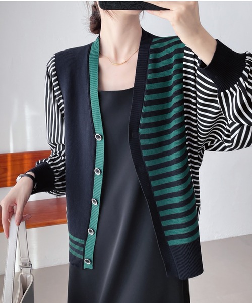 DRESSTERIOR ハンドニットバイカラーカーディガン カーディガン bicolor stitch cardigan /Vネックバイカラーステッチ