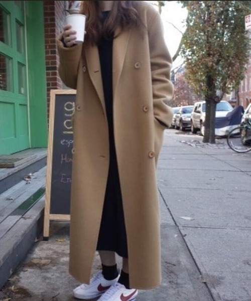 コート アウター ダブルブレストロングショルダーロングコート