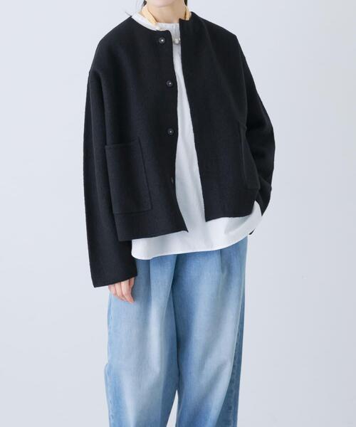 美品 大人気 かぐれ ノーカラー ショート丈ダウン フリーサイズ グレー 毛 かぐれ ジャケット ノーカラージャケット 圧縮ウールショート