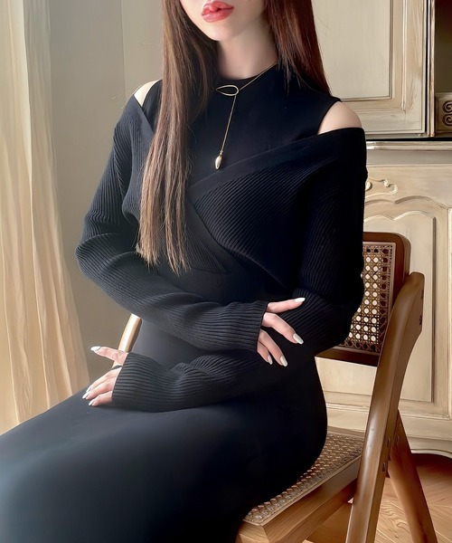 「Meiru」 ニットワンピース MEDIUM チャコール レディース_画像4