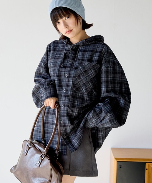 PBLIM ブラウス シャツ 「UNISEX」チェックフードシャツ レディース
