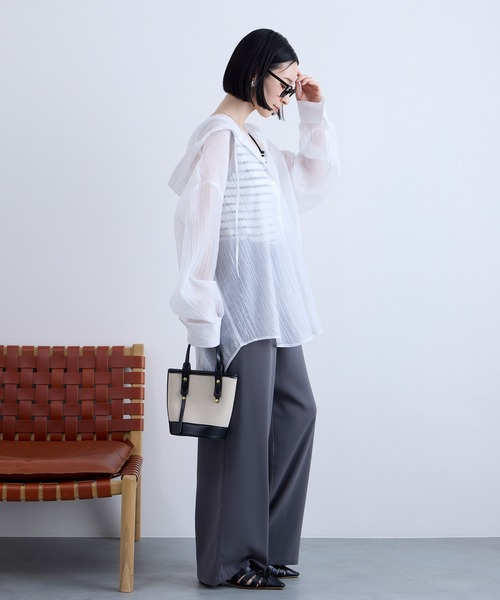 ヨウジヤマモト 21AW LOOK12 シルクセットアップ+フードシャツ Aunely ブラウス シャツ 軽やか 楊柳 シアーエア フード シャツ/マシン