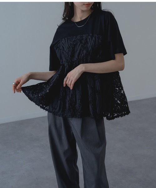 tシャツ 半袖 「refinedworks」異素材 ペプラム シルエット プル