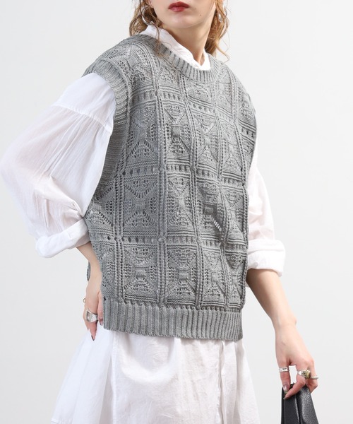 ベスト ジレ BRODIAEA 透かし編み綿混ベスト 日本製 レディース