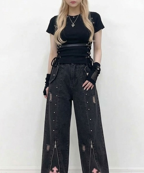 Diable baiser（ディアブルベーゼ） tシャツ 半袖 ハトメレースアップ