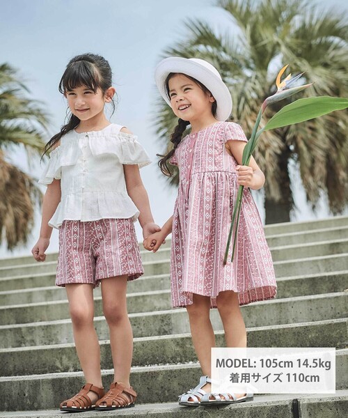 ワンピース 「お揃い」シャンブレーレース刺しゅうストライプワンピース(90~150cm) キッズ 子供服 女の子の画像
