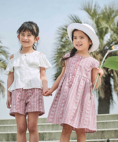 ワンピース 「お揃い」シャンブレーレース刺しゅうストライプワンピース(90~150cm) キッズ 子供服 女の子の画像