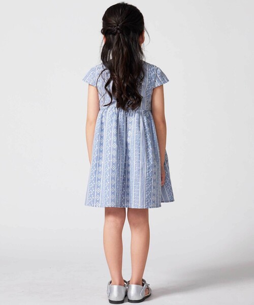 ワンピース 「お揃い」シャンブレーレース刺しゅうストライプワンピース(90~150cm) キッズ 子供服 女の子の画像