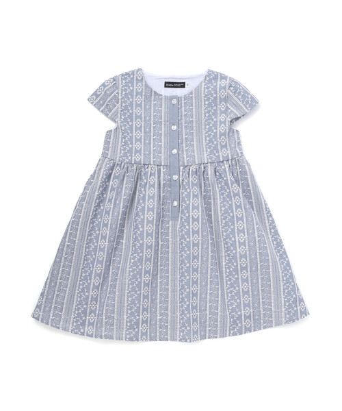 ワンピース 「お揃い」シャンブレーレース刺しゅうストライプワンピース(90~150cm) キッズ 子供服 女の子の画像