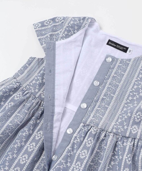 ワンピース 「お揃い」シャンブレーレース刺しゅうストライプワンピース(90~150cm) キッズ 子供服 女の子の画像