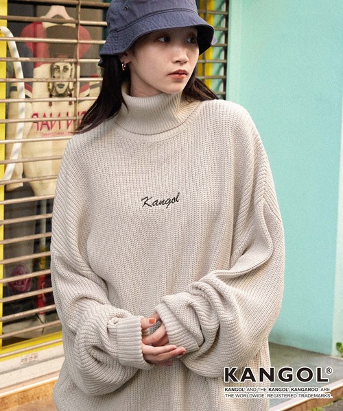 KANGOL カンゴール ロゴ刺繍 総柄 ハイネック ジップ 長袖 ニット