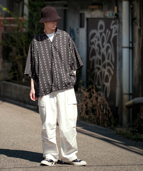 メンズ お洒落 ルーズ パターン柄 プルオーバー スエットシャツ POWER STRETCH WOOLバルーズシャツ(1 BLUE GREY): : メンズ